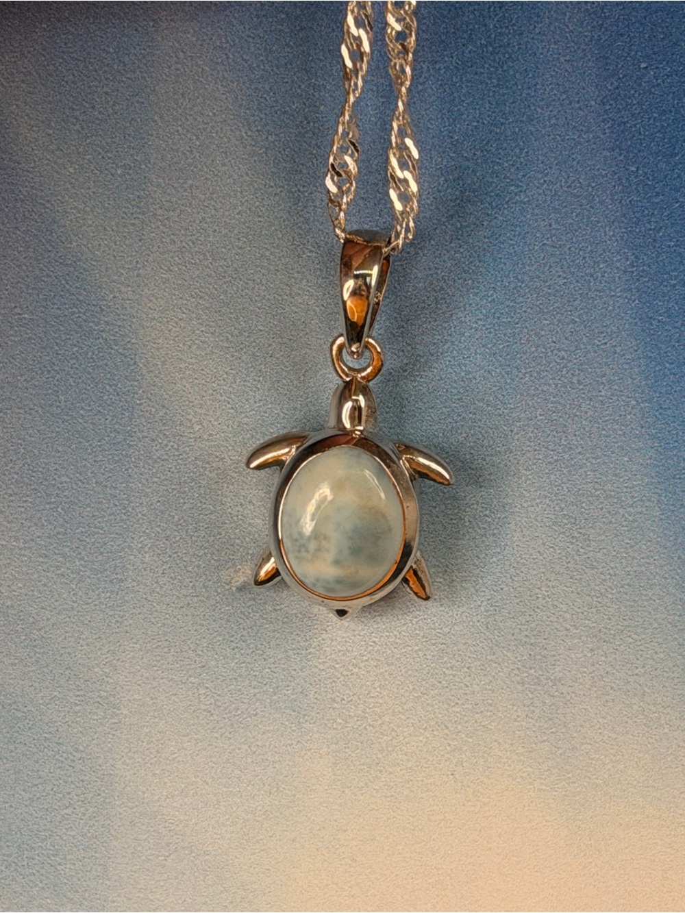 Genuine blue Larimar stone sea turtle sterling silver chain pendant